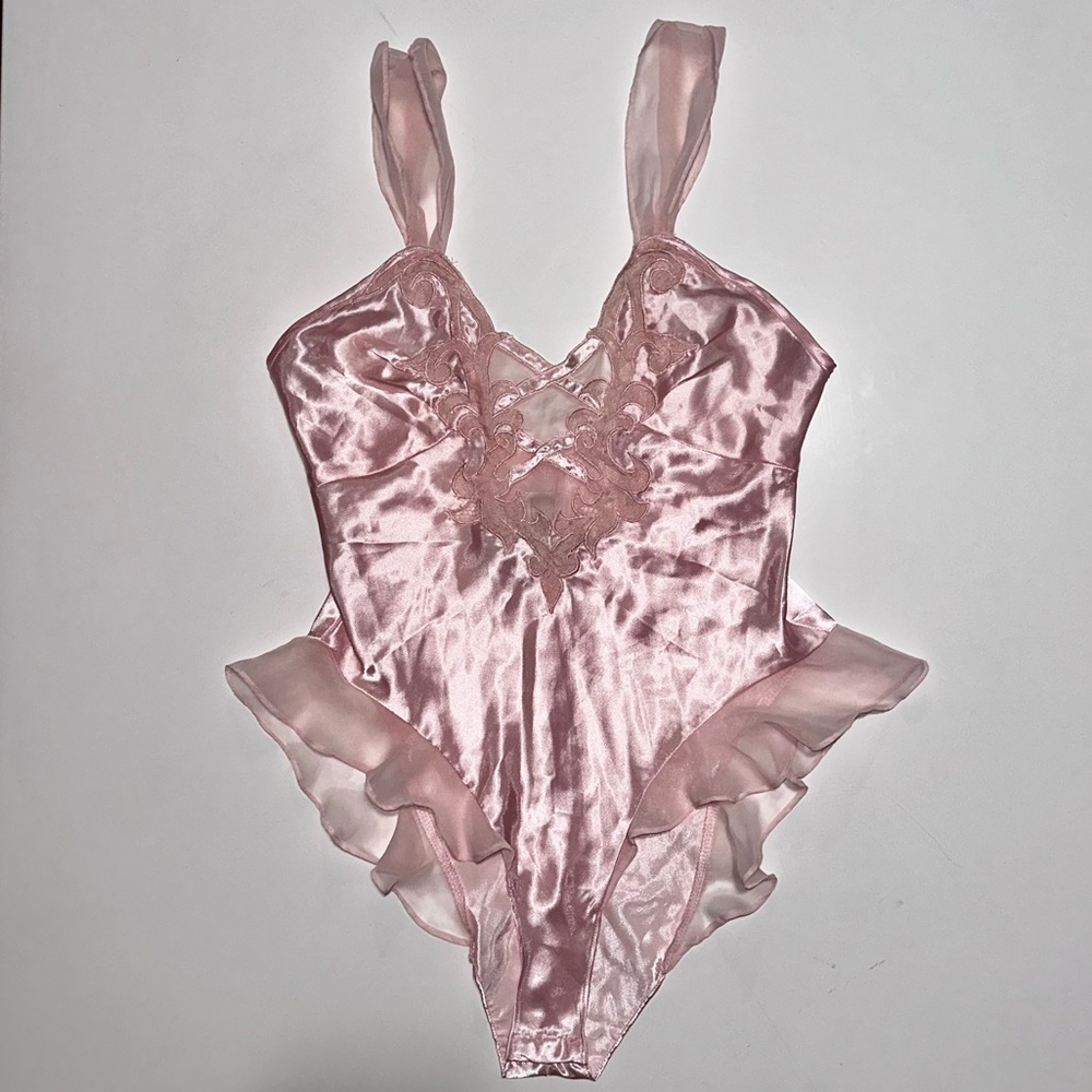 Vintage Delicates Snap Crotch Bodysuit Teddy Lingerie with Ruffles Lace
